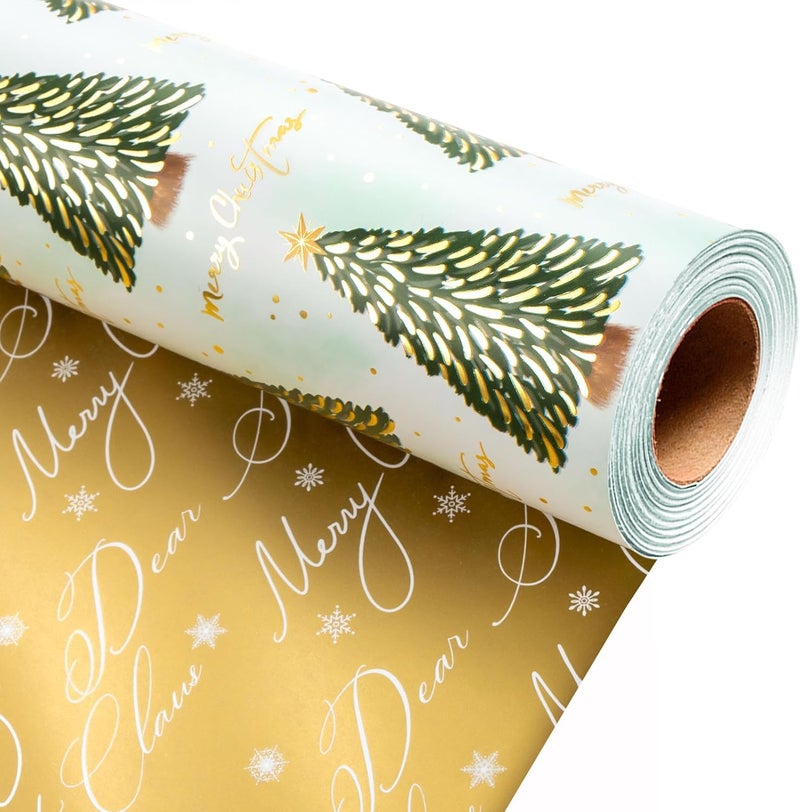 Retrify Reversible Christmas Wrapping Paper - Green Christmas Tree Design Metallic Gold Foil Shine Gift Wrap Paper for Holiday Shower Party Celebration - 17 Inch x 32.8 Feet Mini Roll - Image 1